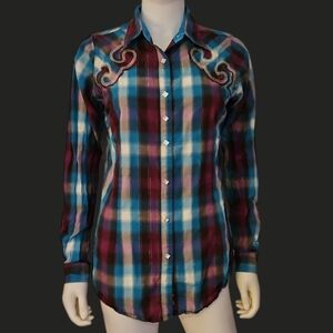 Vtg ROCK 47 1990s Plaid Metallic Long Sleeve Western Snap Shirt
